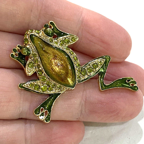 Hopping Frog Brooch Fashion Jewelry Enamel Pin Gold Brown & Green Rhinestones - Picture 5 of 9